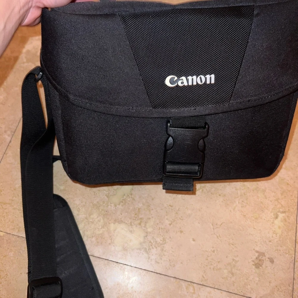 Canon Black and Gray Camera Bag with DSLR and Lens
